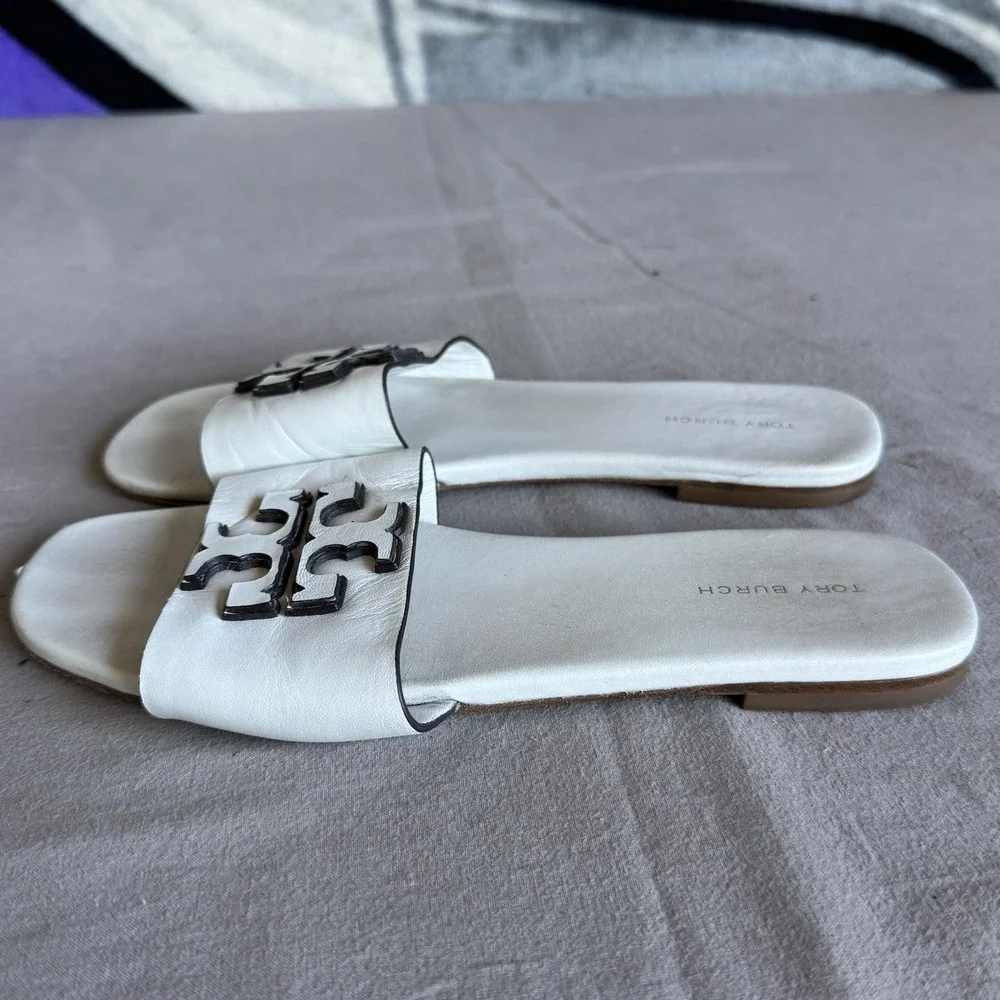 Size 7.5 - Tory Burch Women's Logo Slide Sandals White Synthetic Upper Slip-On